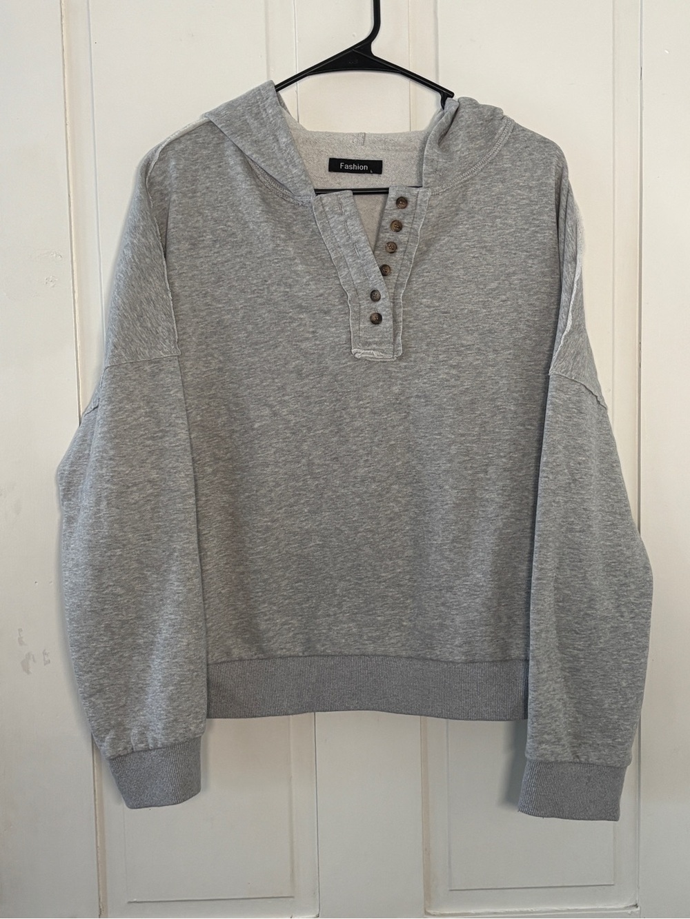 Grey Boxy Fit Oversized Henley 3/4 Button Hooded Sweatshirt Unbranded